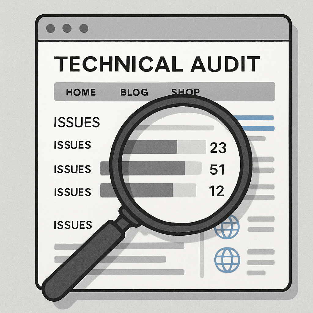 Magnifying glass over a technical website audit report