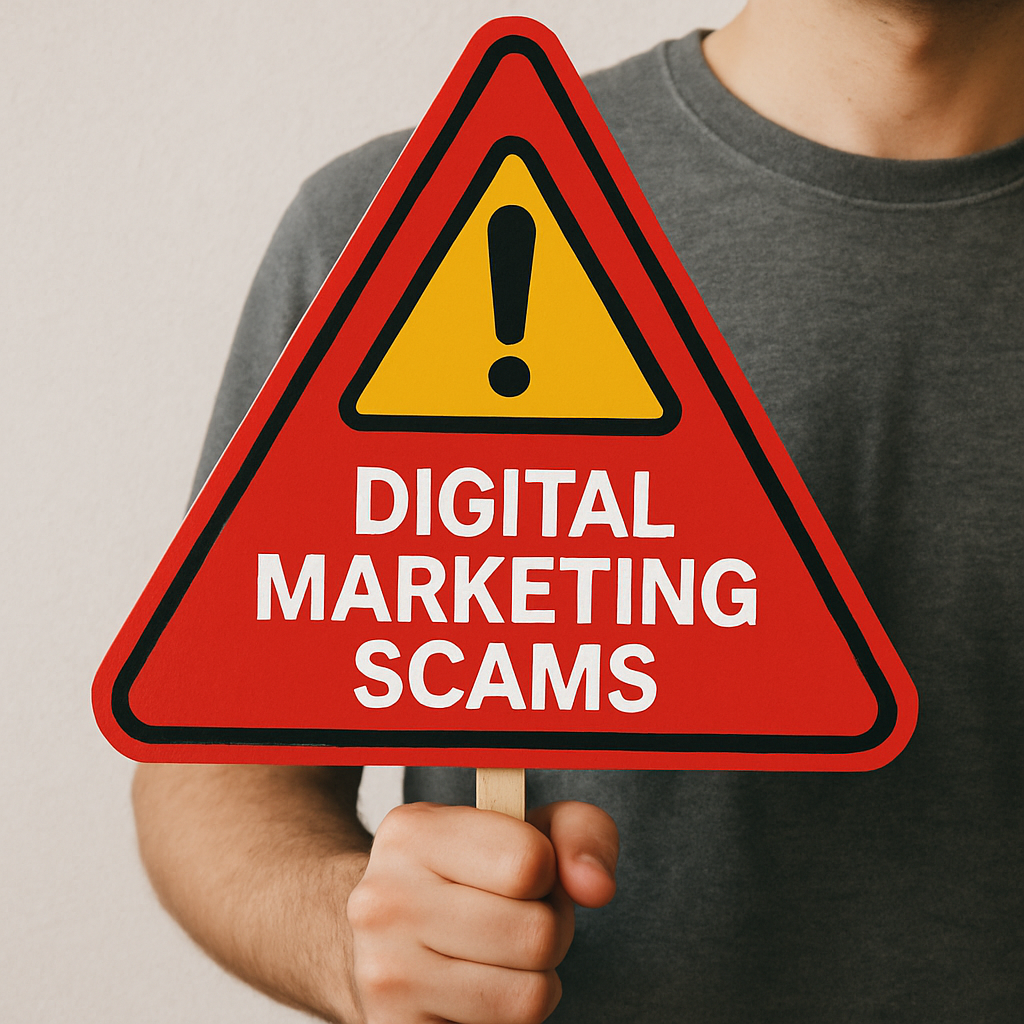 A person holding a red flag warning sign to symbolize digital marketing scams