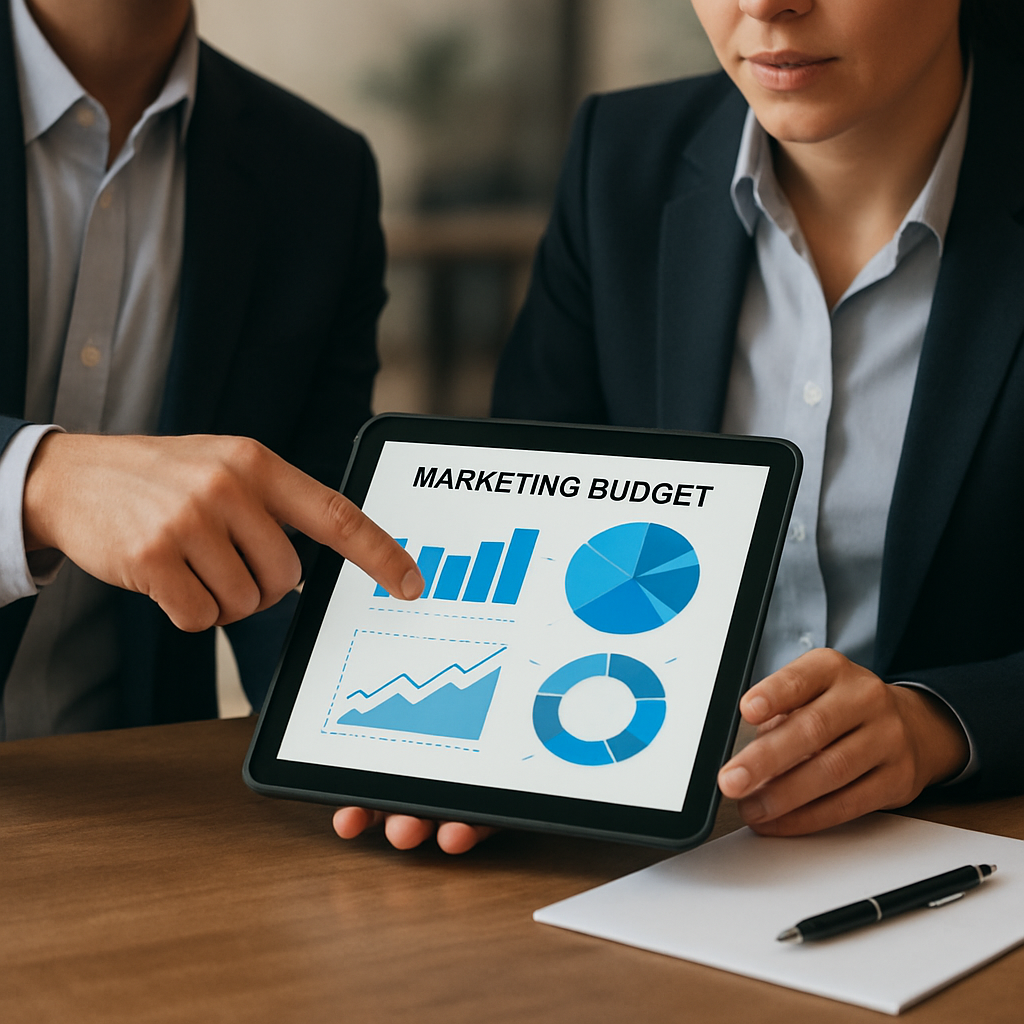 Business professionals reviewing marketing budget charts on a tablet