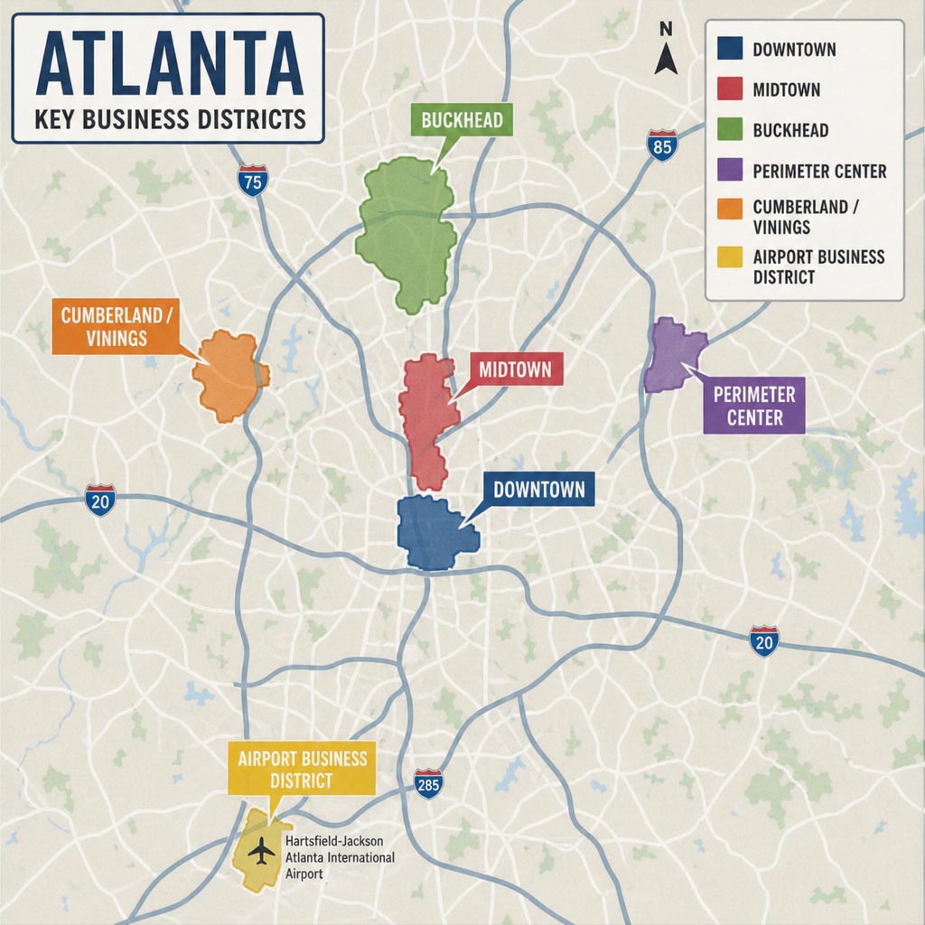 Atlanta PPC Management Target Regions. Atlanta business district map