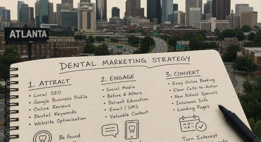 Atlanta skyline with dental marketing strategy notes