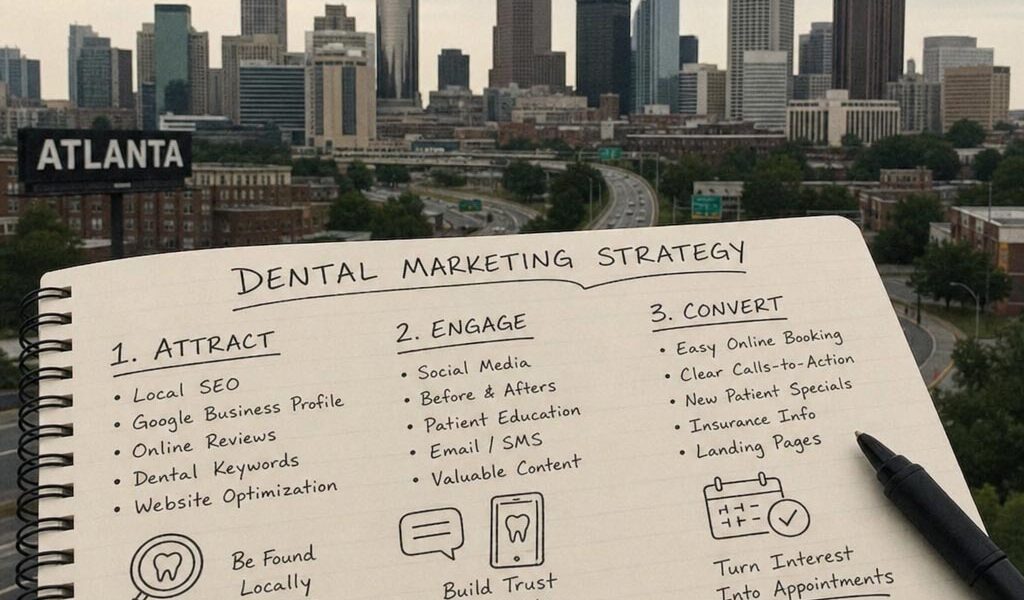Atlanta skyline with dental marketing strategy notes