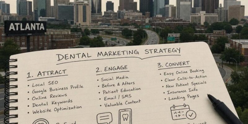 Atlanta skyline with dental marketing strategy notes
