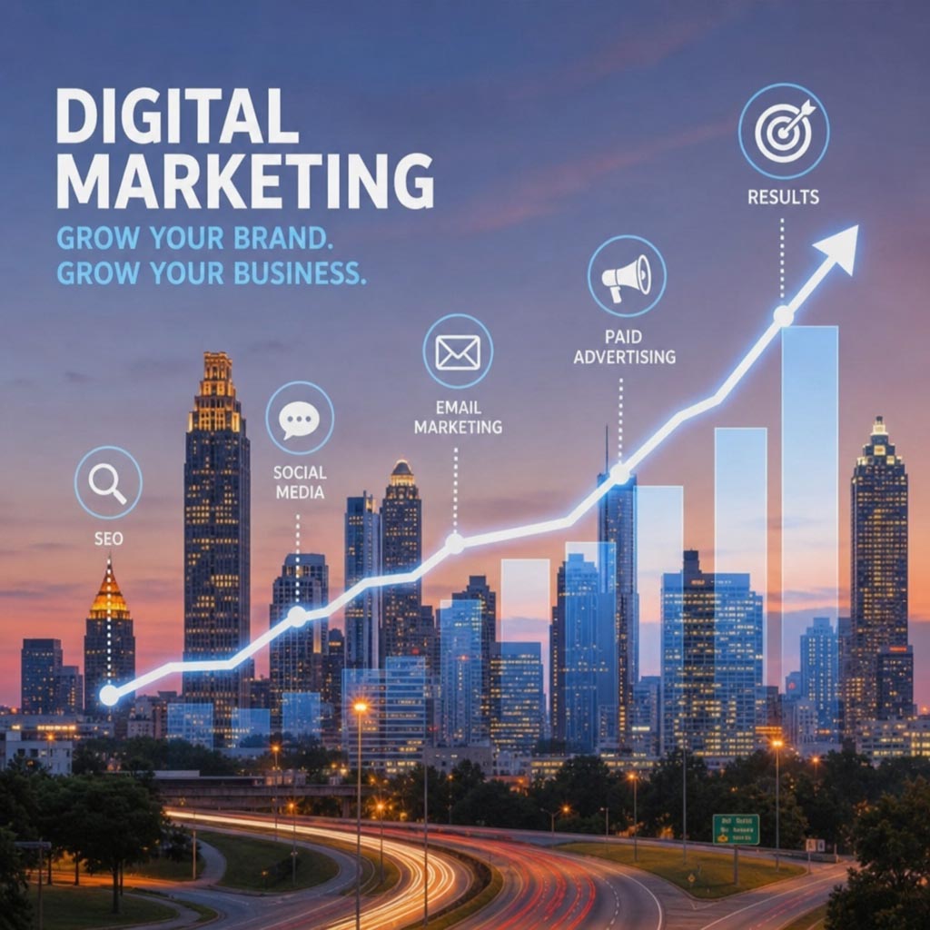 Atlanta skyline with digital marketing growth graphics