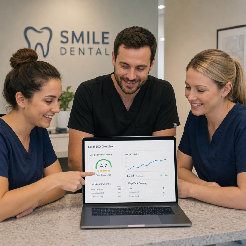 Dental office team reviewing local SEO results on a laptop