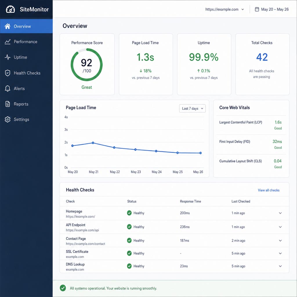 Website performance dashboard showing speed and health checks
