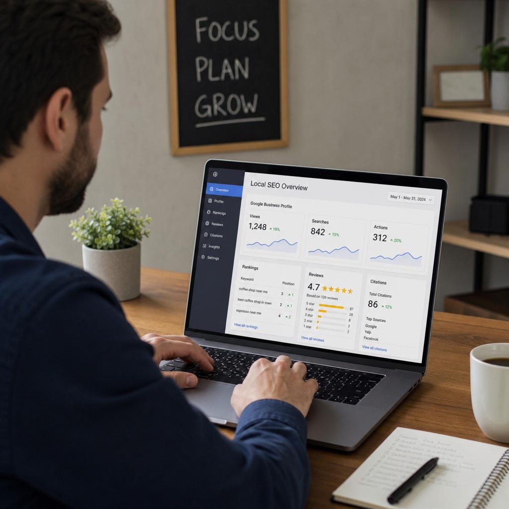 business owner reviewing local SEO performance on a laptop