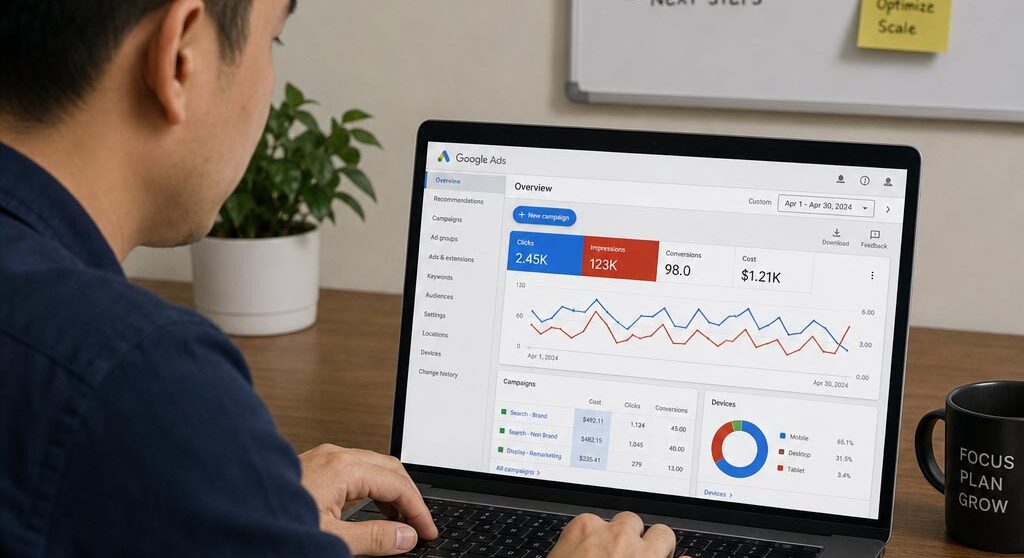 Marketing strategist reviewing Google Ads campaign performance on a laptop for an Atlanta specific campaign