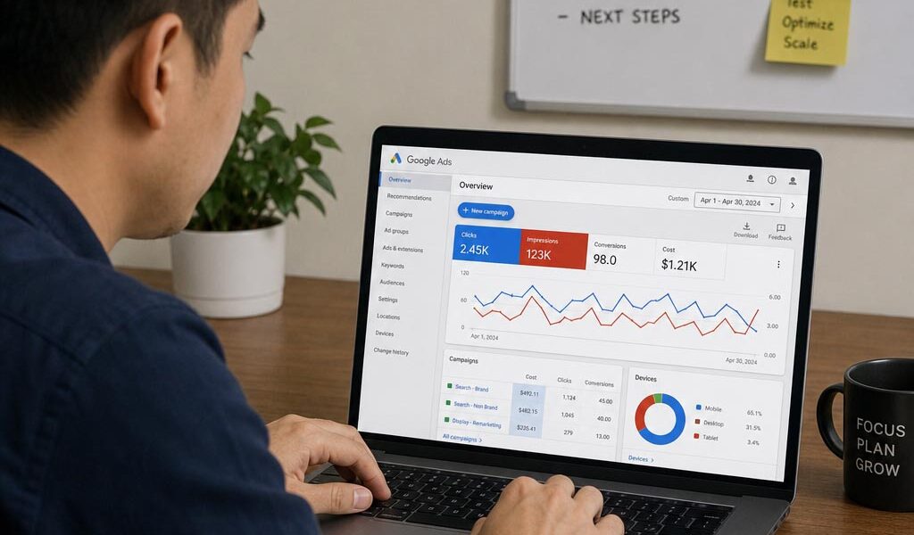 Marketing strategist reviewing Google Ads campaign performance on a laptop for an Atlanta specific campaign