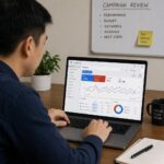 Marketing strategist reviewing Google Ads campaign performance on a laptop for an Atlanta specific campaign