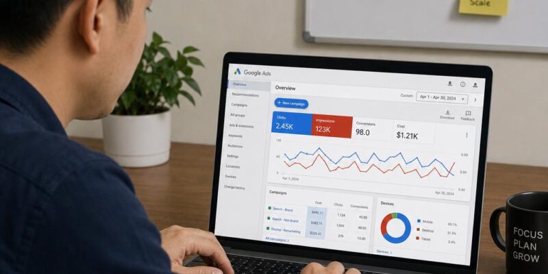 Marketing strategist reviewing Google Ads campaign performance on a laptop for an Atlanta specific campaign
