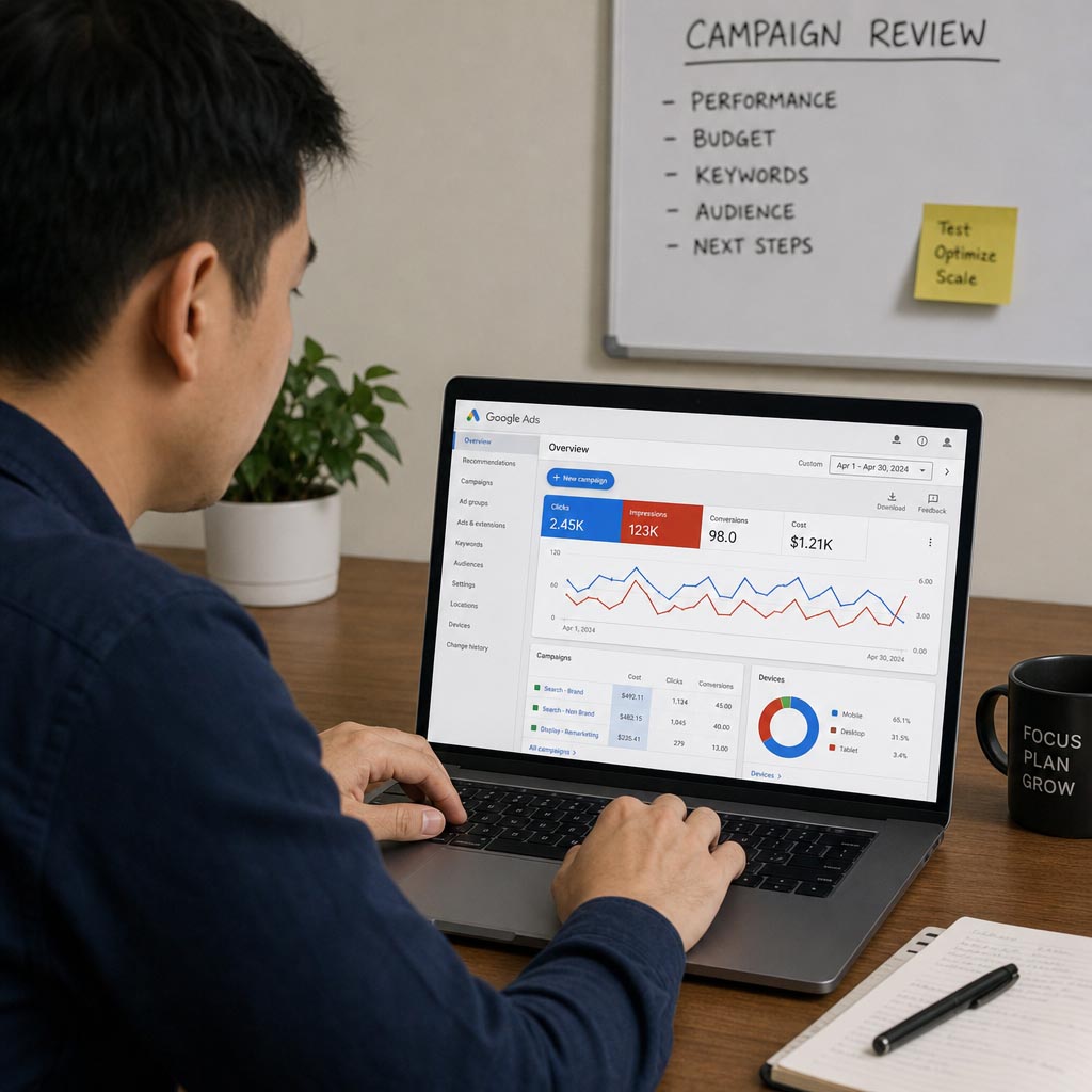 Marketing strategist reviewing Google Ads campaign performance on a laptop for an Atlanta specific campaign