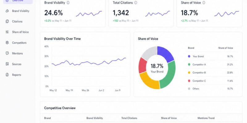 AI search competitive analysis dashboard showing brand visibility, citations, and share of voice
