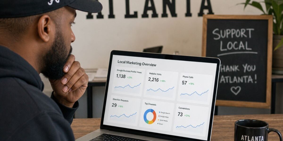 Atlanta small business owner reviewing local digital marketing results on a laptop