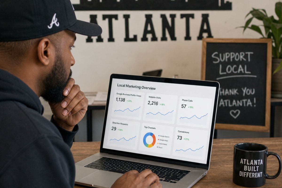 Atlanta small business owner reviewing local digital marketing results on a laptop