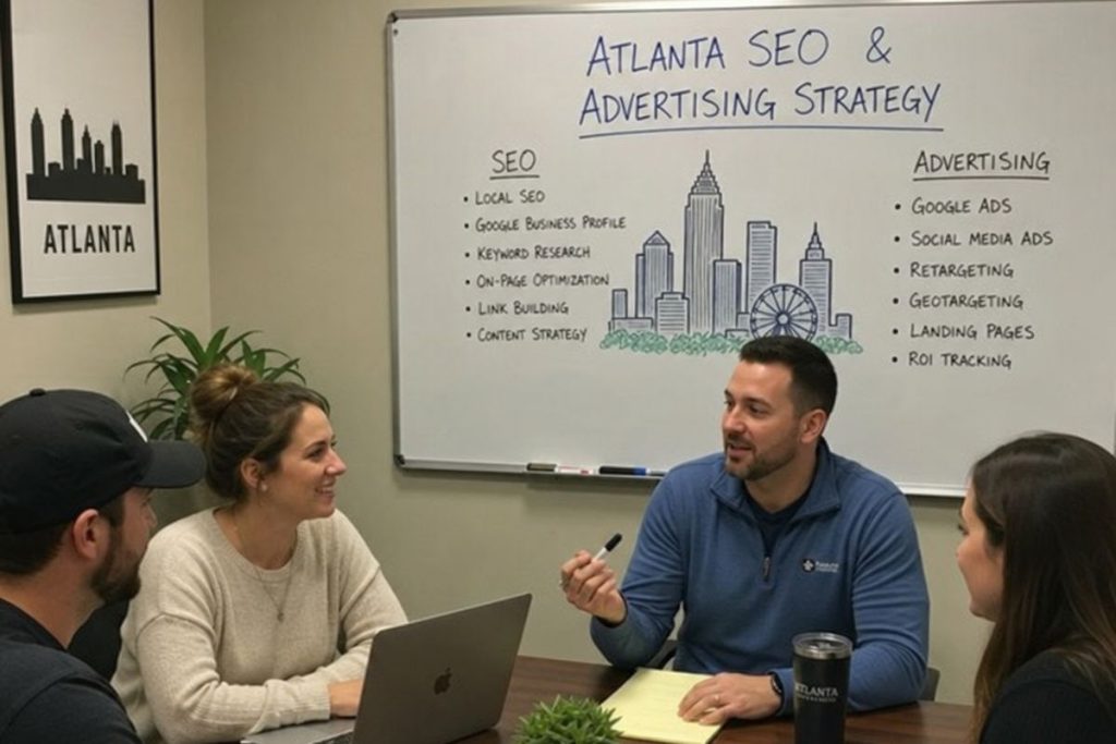Small business team discussing an Atlanta SEO and advertising strategy